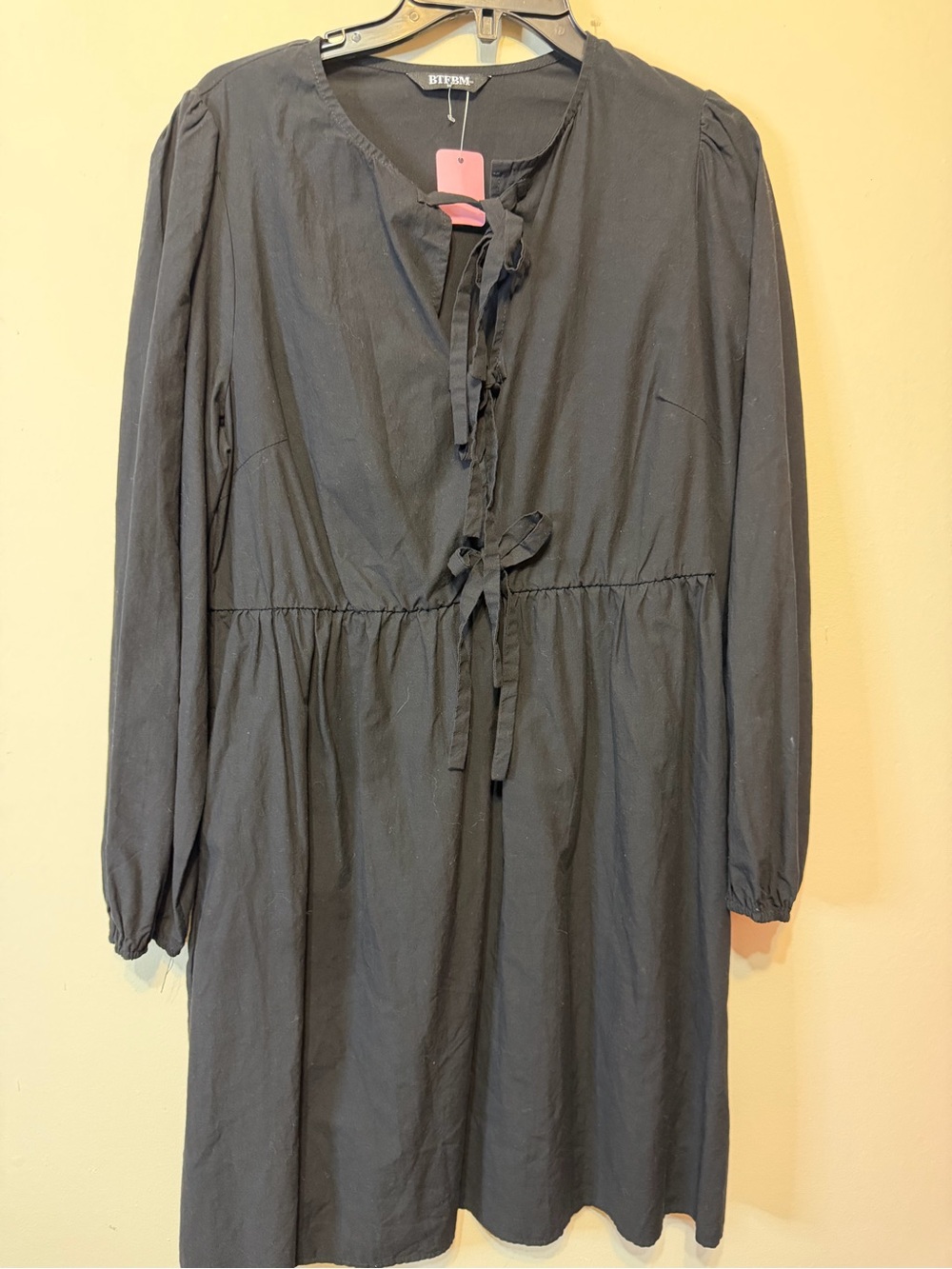 Tie-Front Long Sleeve Black Dress